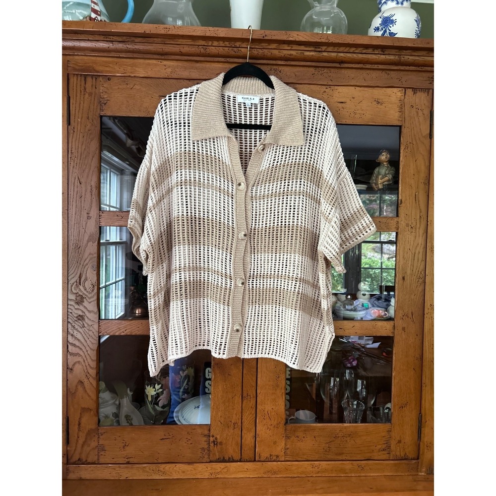 Gilli Women's Striped Beige Crochet Knit Cardigan Size L Boho Beachy Summer